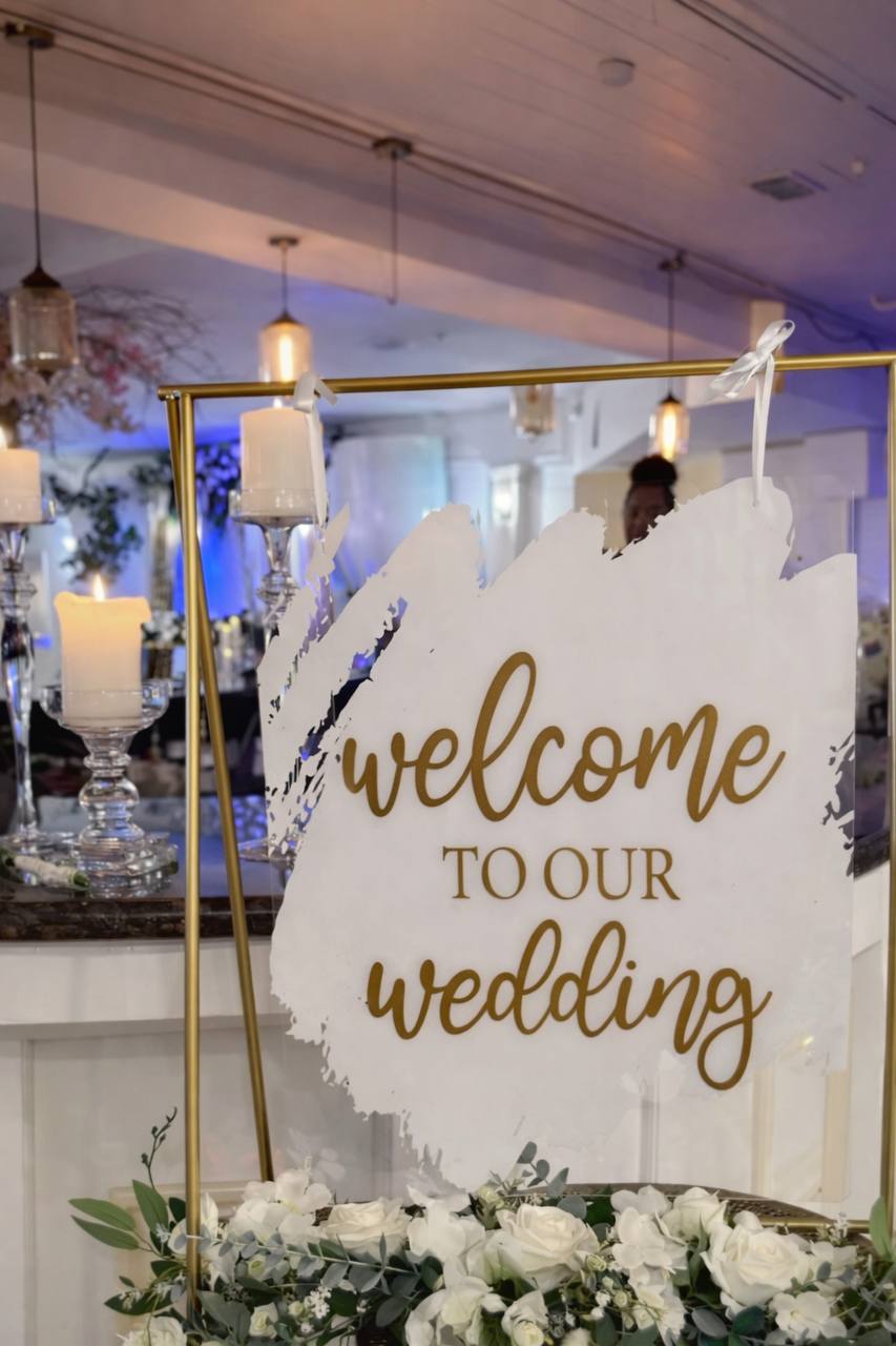 Welcome to our wedding gold sign with white roses at Carissa Venue Terrytown LA